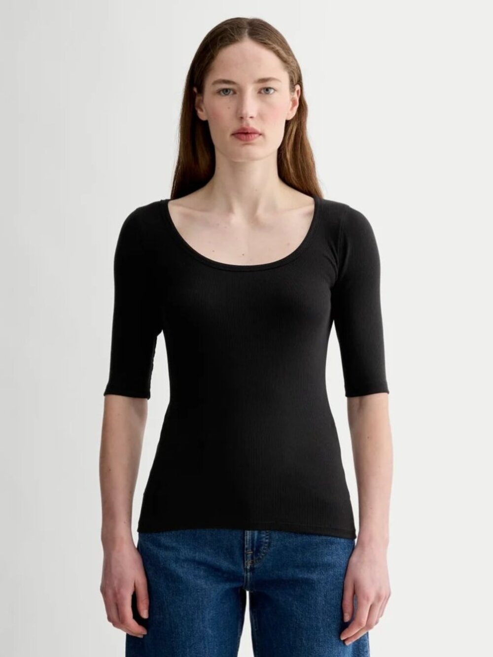 Everlane The Luxe Rib Scoop-Neck elbow sleeve Tee in Black